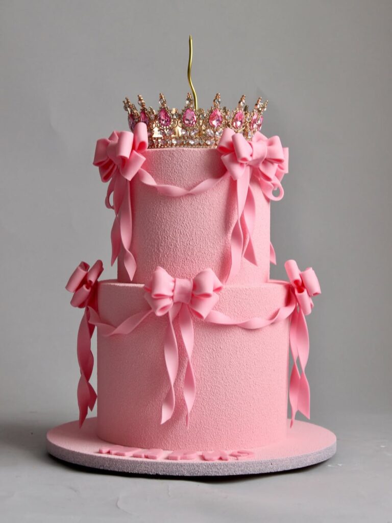 Розовый торт с короной два яруса